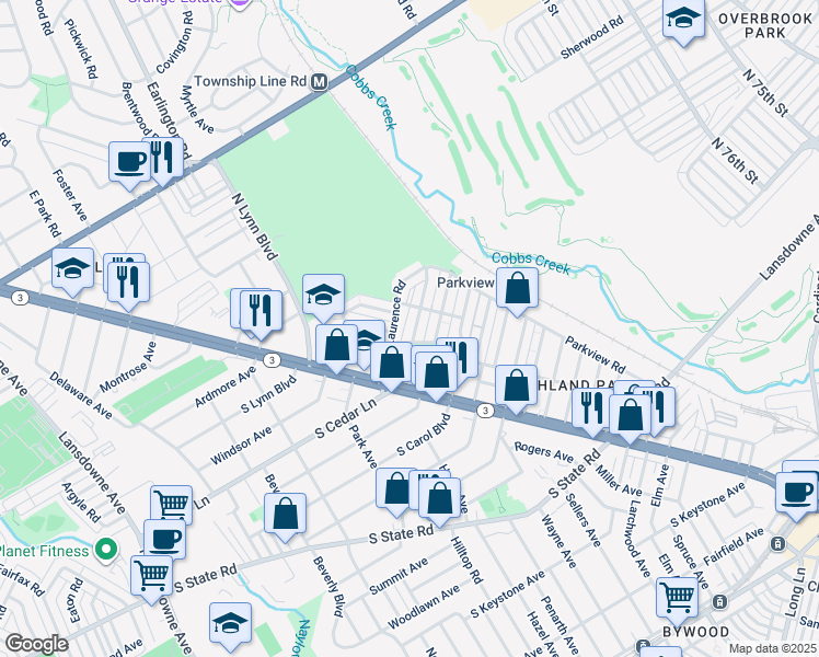 map of restaurants, bars, coffee shops, grocery stores, and more near 116 North Cedar Lane in Upper Darby