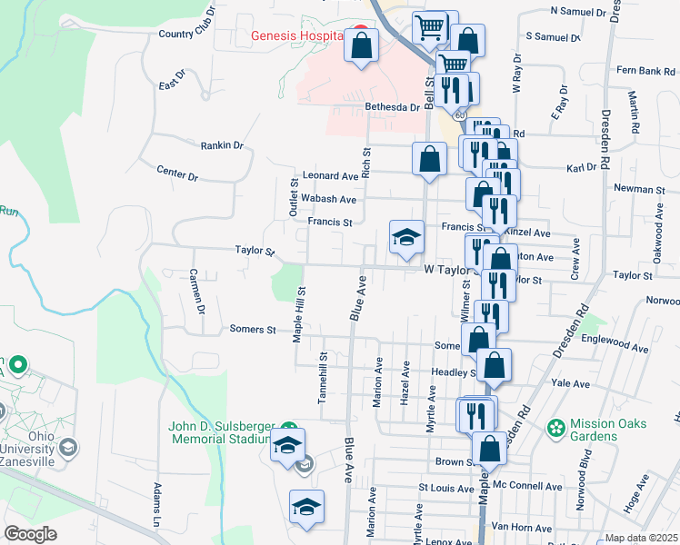 map of restaurants, bars, coffee shops, grocery stores, and more near 928 Taylor Street in Zanesville