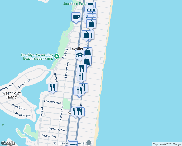 map of restaurants, bars, coffee shops, grocery stores, and more near 19 New Brunswick Avenue in Lavallette