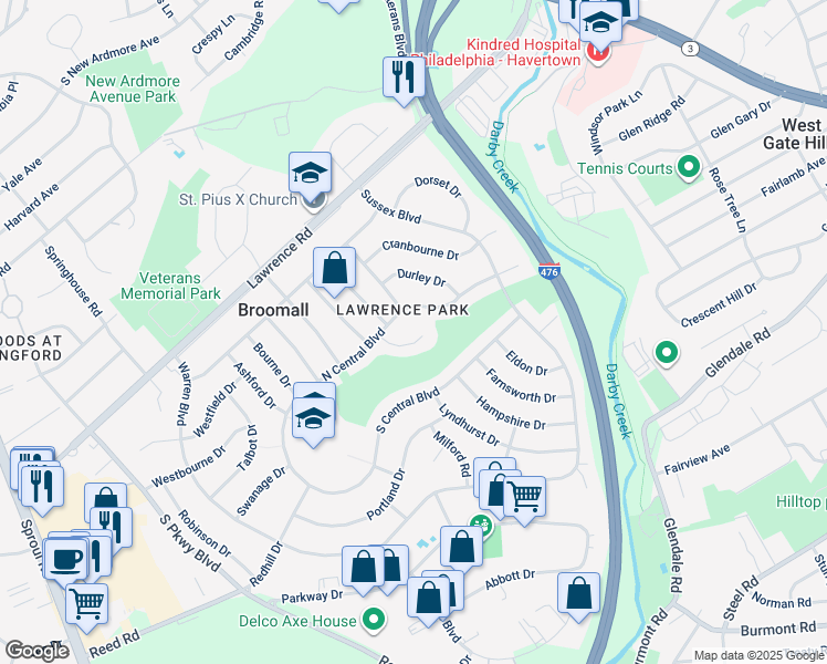 map of restaurants, bars, coffee shops, grocery stores, and more near 241 North Central Boulevard in Broomall