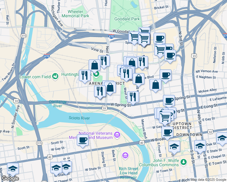 map of restaurants, bars, coffee shops, grocery stores, and more near 295 John H McConnell Boulevard in Columbus