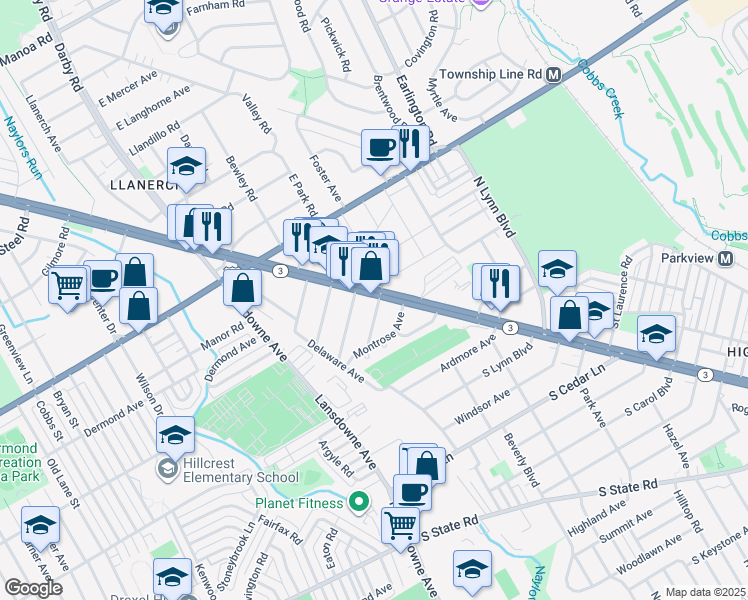 map of restaurants, bars, coffee shops, grocery stores, and more near 8906B West Chester Pike in Delaware County