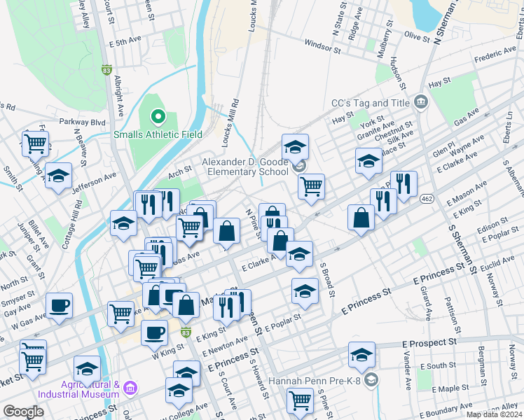 map of restaurants, bars, coffee shops, grocery stores, and more near 318 Wallace Street in York