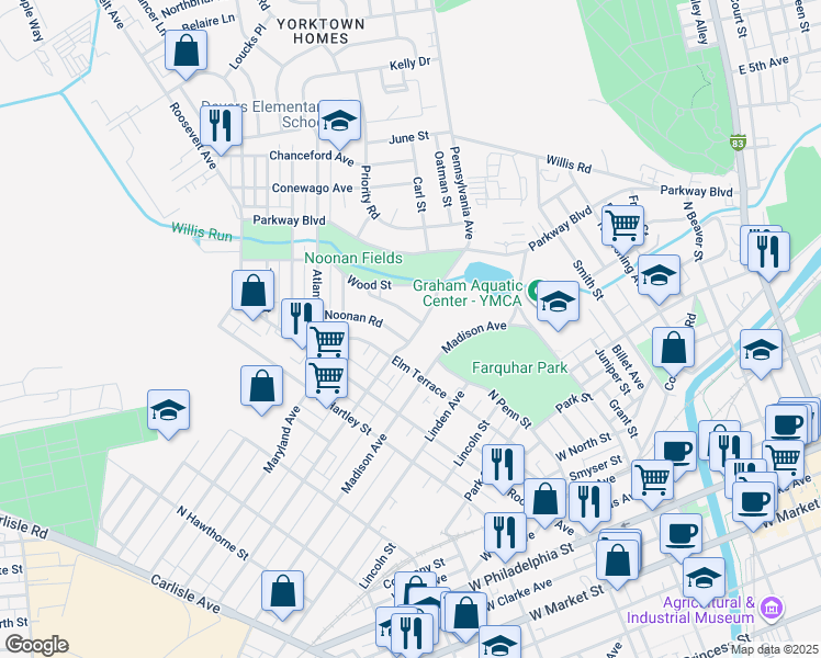 map of restaurants, bars, coffee shops, grocery stores, and more near 355 Pennsylvania Avenue in York