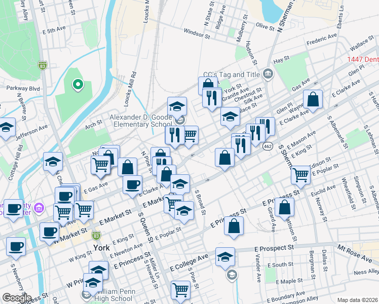 map of restaurants, bars, coffee shops, grocery stores, and more near 429 East Philadelphia Street in York