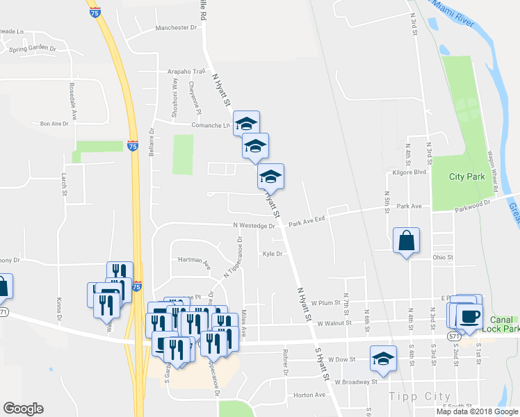 map of restaurants, bars, coffee shops, grocery stores, and more near 525 North Hyatt Street in Tipp City
