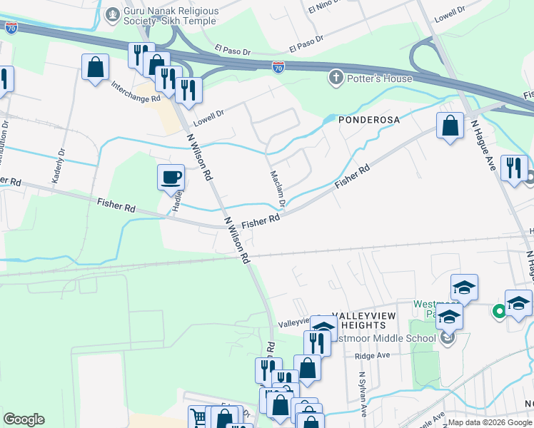 map of restaurants, bars, coffee shops, grocery stores, and more near 3494 Fisher Road in Columbus