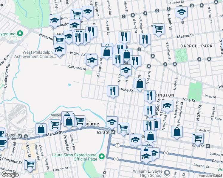 map of restaurants, bars, coffee shops, grocery stores, and more near 6310 Vine Street in Philadelphia