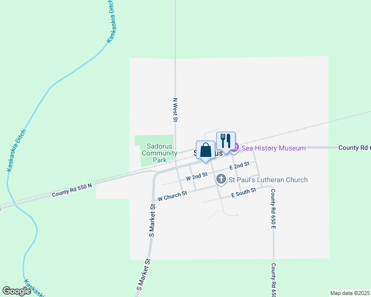 map of restaurants, bars, coffee shops, grocery stores, and more near 114 North Front Street in Sadorus