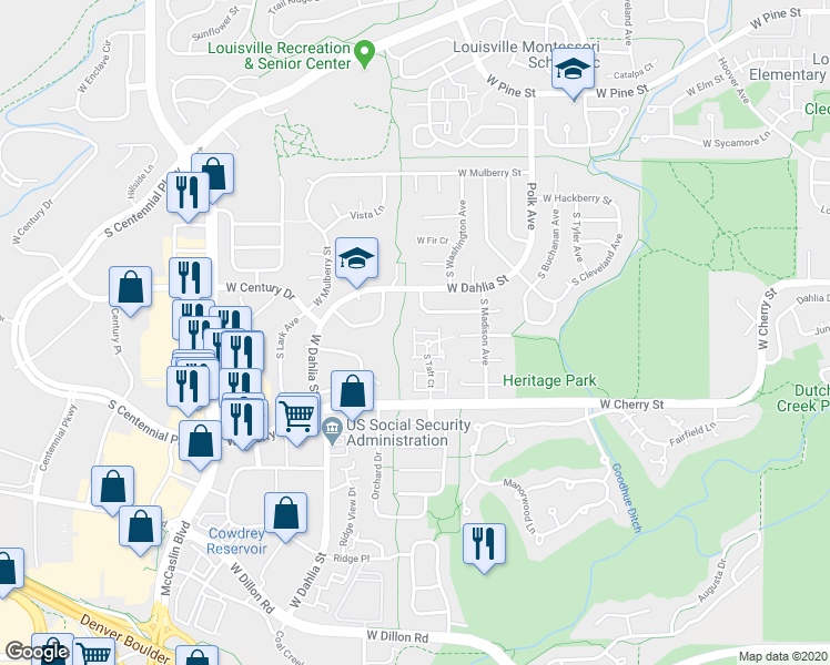 map of restaurants, bars, coffee shops, grocery stores, and more near 293 South Taft Court in Louisville