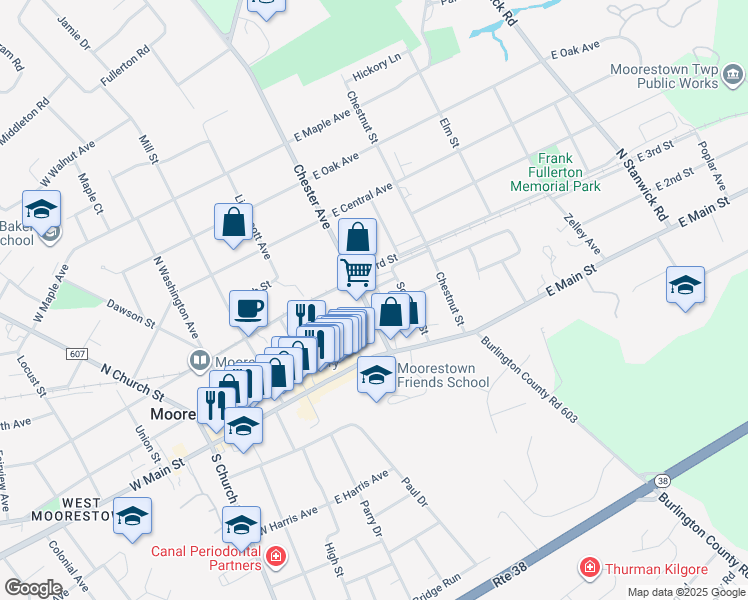 map of restaurants, bars, coffee shops, grocery stores, and more near 221 Chester Avenue in Moorestown