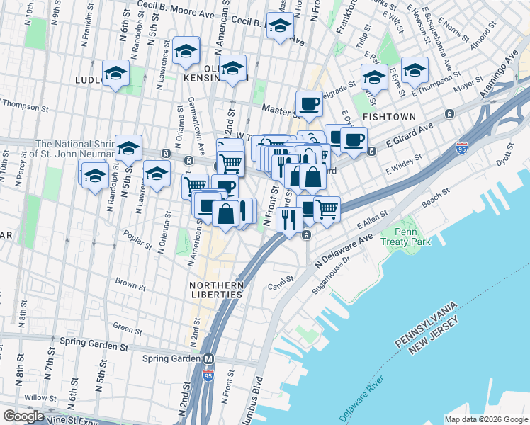 map of restaurants, bars, coffee shops, grocery stores, and more near 1101 North Front Street in Philadelphia