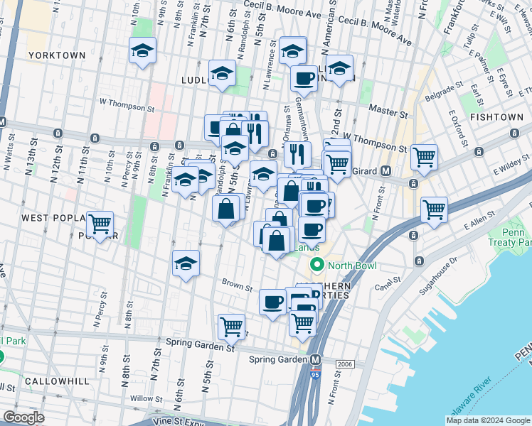 map of restaurants, bars, coffee shops, grocery stores, and more near 980 North Lawrence Street in Philadelphia
