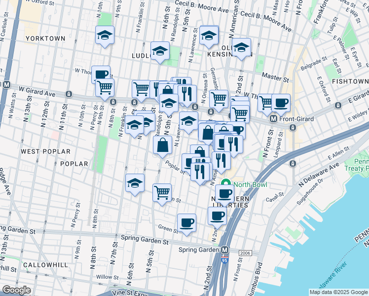 map of restaurants, bars, coffee shops, grocery stores, and more near 980 North Lawrence Street in Philadelphia