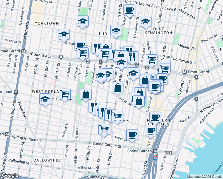 map of restaurants, bars, coffee shops, grocery stores, and more near 915 North 6th Street in Philadelphia