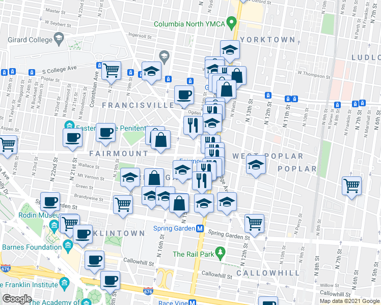 map of restaurants, bars, coffee shops, grocery stores, and more near 1422 Ridge Avenue in Philadelphia