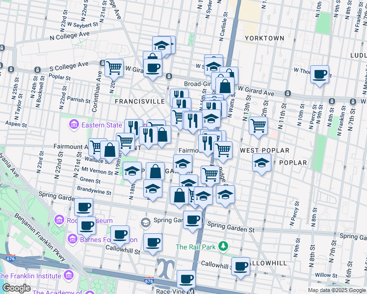 map of restaurants, bars, coffee shops, grocery stores, and more near 711 North 16th Street in Philadelphia