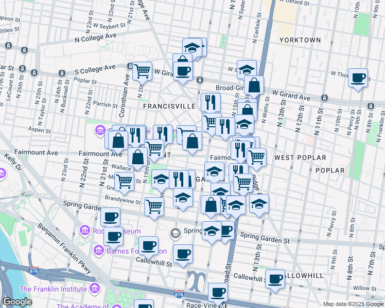 map of restaurants, bars, coffee shops, grocery stores, and more near 711 North 17th Street in Philadelphia