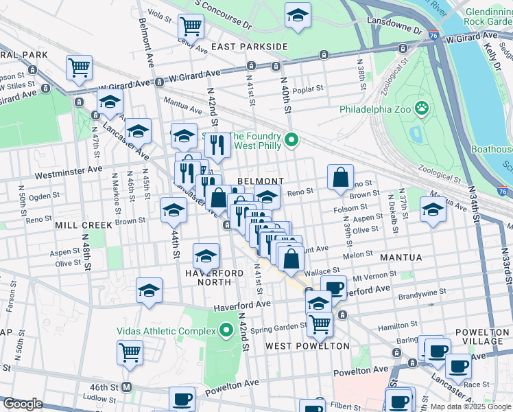 map of restaurants, bars, coffee shops, grocery stores, and more near 807 North 41st Street in Philadelphia
