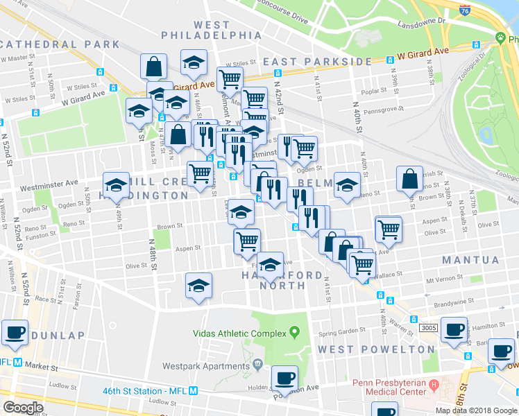 map of restaurants, bars, coffee shops, grocery stores, and more near in Philadelphia