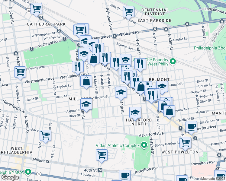 map of restaurants, bars, coffee shops, grocery stores, and more near 4400-04 Parrish Street in Philadelphia