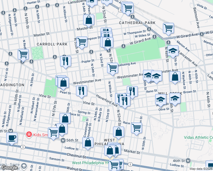 map of restaurants, bars, coffee shops, grocery stores, and more near 437 North 53rd Street in Philadelphia
