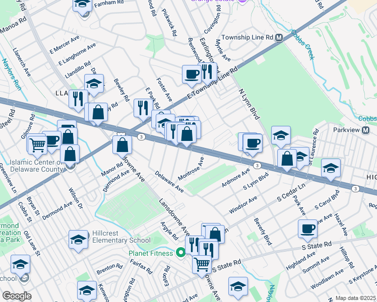map of restaurants, bars, coffee shops, grocery stores, and more near 8906B West Chester Pike in Delaware County