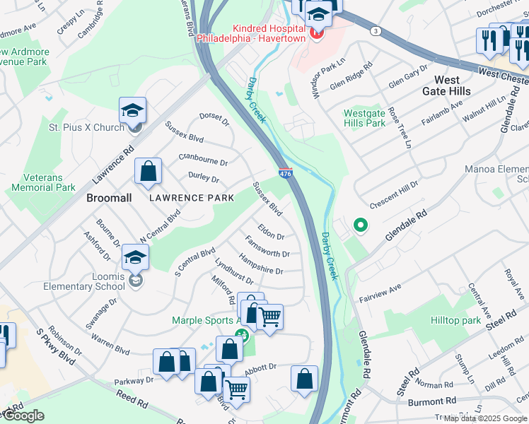 map of restaurants, bars, coffee shops, grocery stores, and more near 300 Sussex Boulevard in Broomall