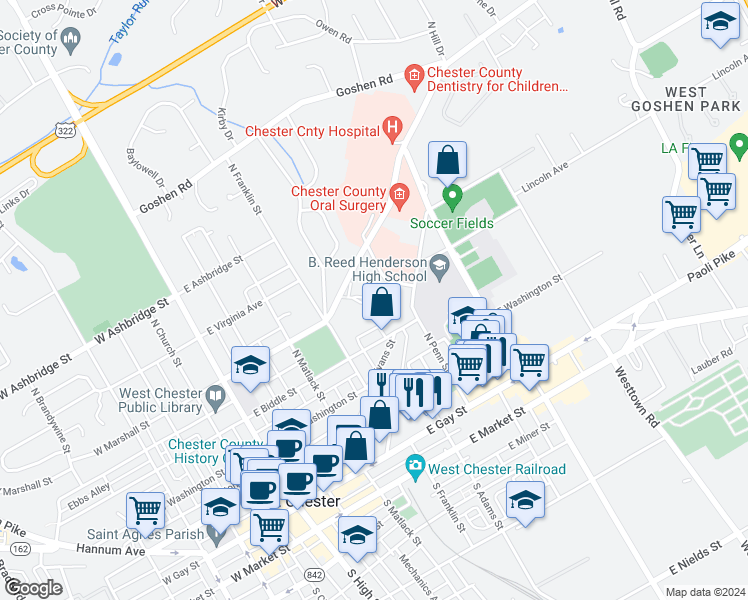 map of restaurants, bars, coffee shops, grocery stores, and more near 300 East Marshall Street in West Chester