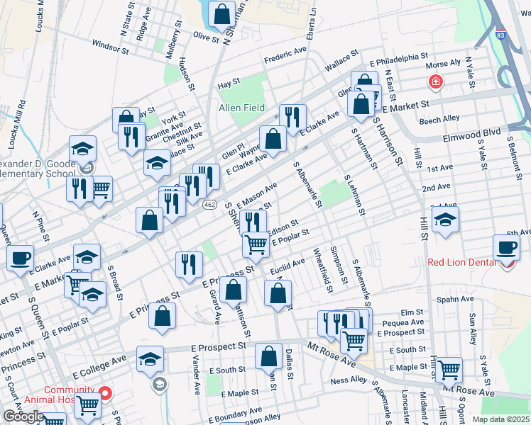 map of restaurants, bars, coffee shops, grocery stores, and more near 867 East Kings Court in York