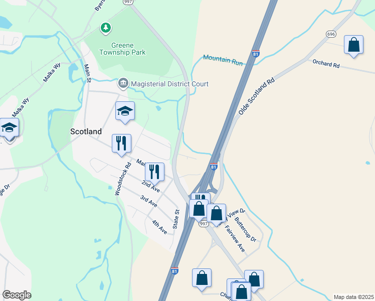 map of restaurants, bars, coffee shops, grocery stores, and more near 1411 Doron Drive in Chambersburg