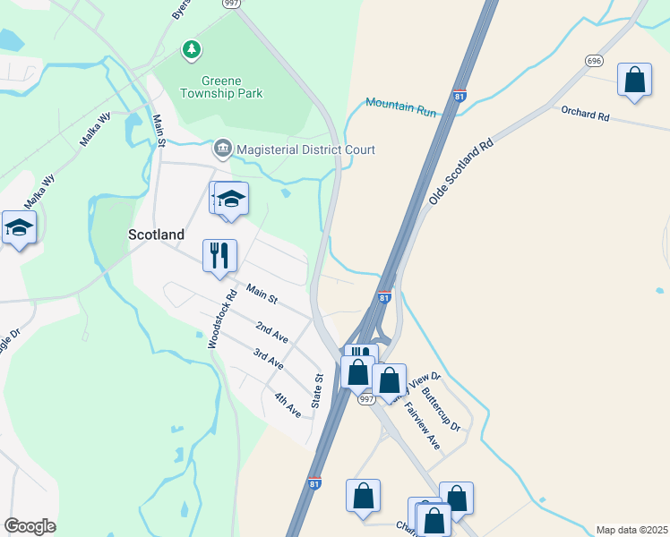 map of restaurants, bars, coffee shops, grocery stores, and more near 1411 Doron Drive in Chambersburg