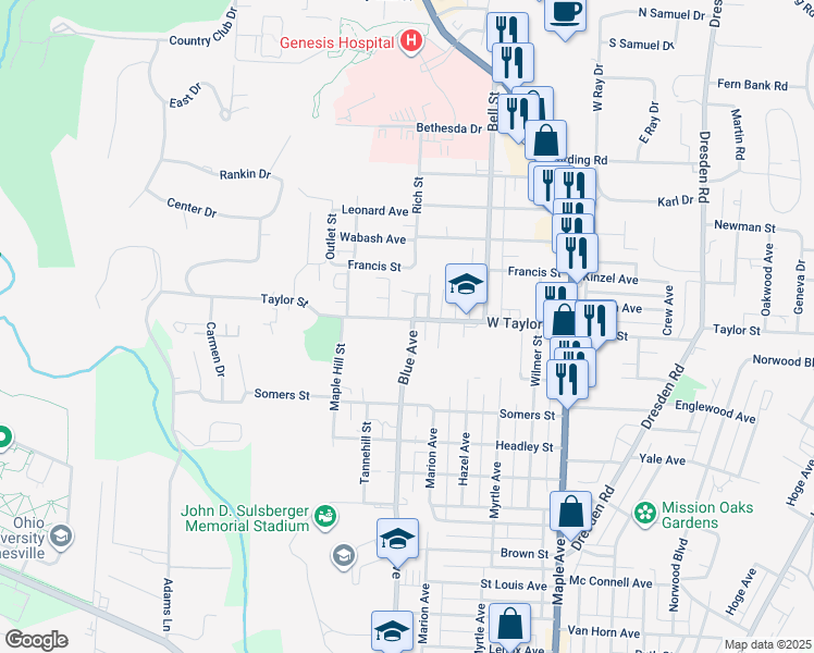 map of restaurants, bars, coffee shops, grocery stores, and more near 928 Taylor Street in Zanesville