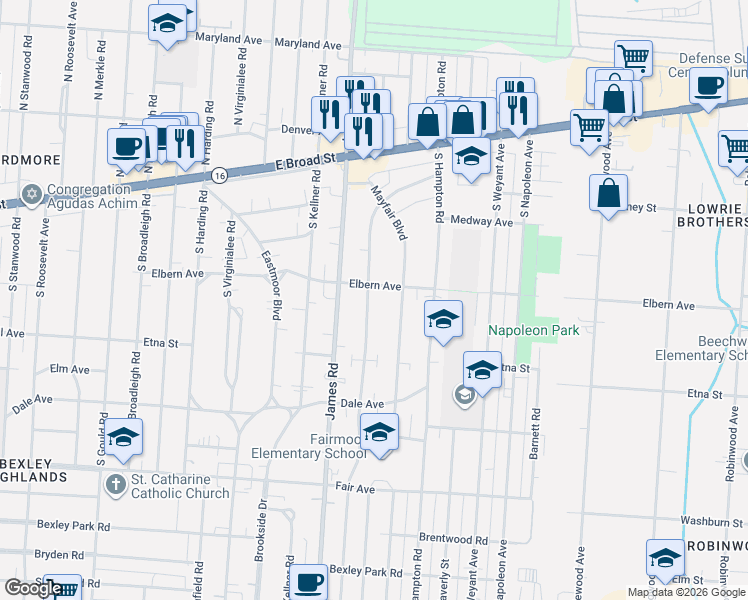 map of restaurants, bars, coffee shops, grocery stores, and more near 214 South Ashburton Road in Columbus