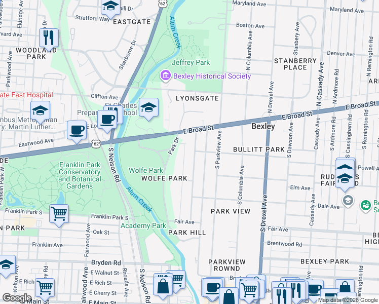 map of restaurants, bars, coffee shops, grocery stores, and more near 43 Preston Road in Columbus