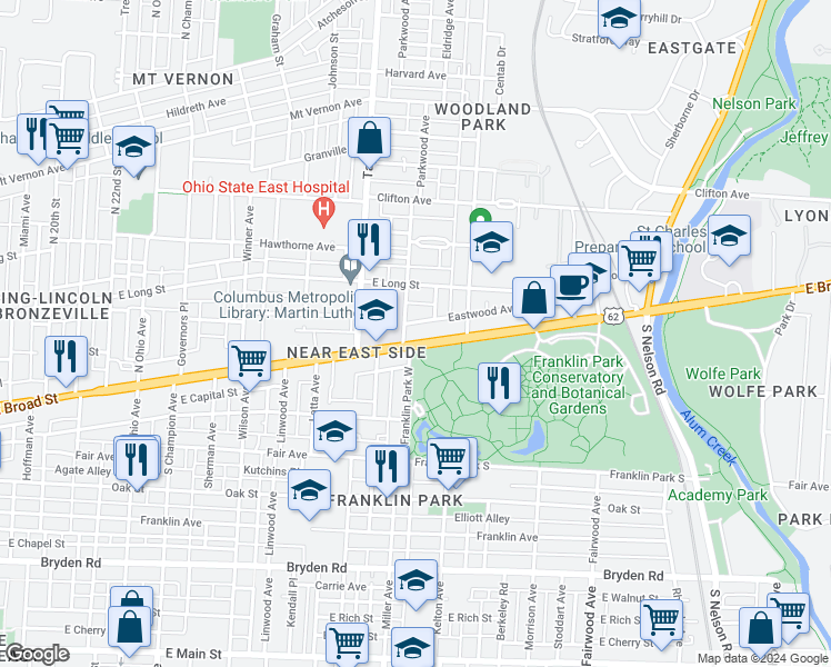map of restaurants, bars, coffee shops, grocery stores, and more near 1560 Eastwood Avenue in Columbus