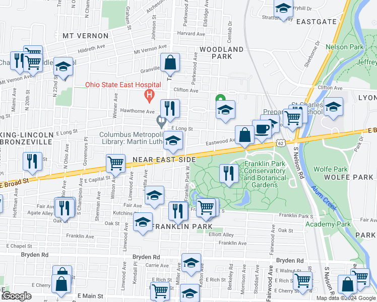 map of restaurants, bars, coffee shops, grocery stores, and more near 1560 Eastwood Avenue in Columbus