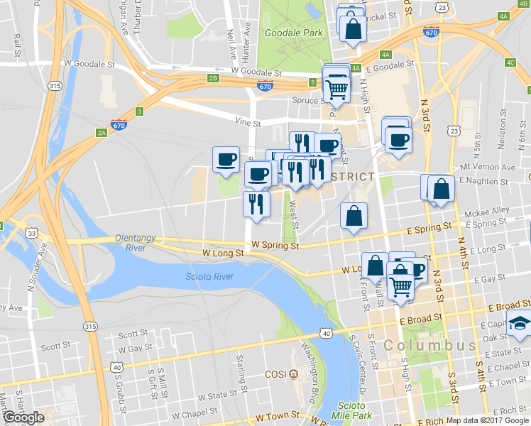 map of restaurants, bars, coffee shops, grocery stores, and more near 295 John H McConnell Boulevard in Columbus