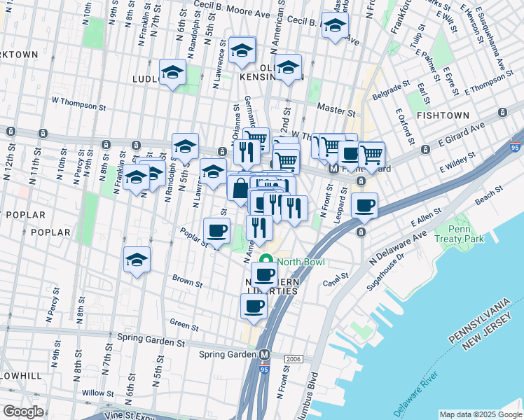 map of restaurants, bars, coffee shops, grocery stores, and more near 1040 North 2nd Street in Philadelphia