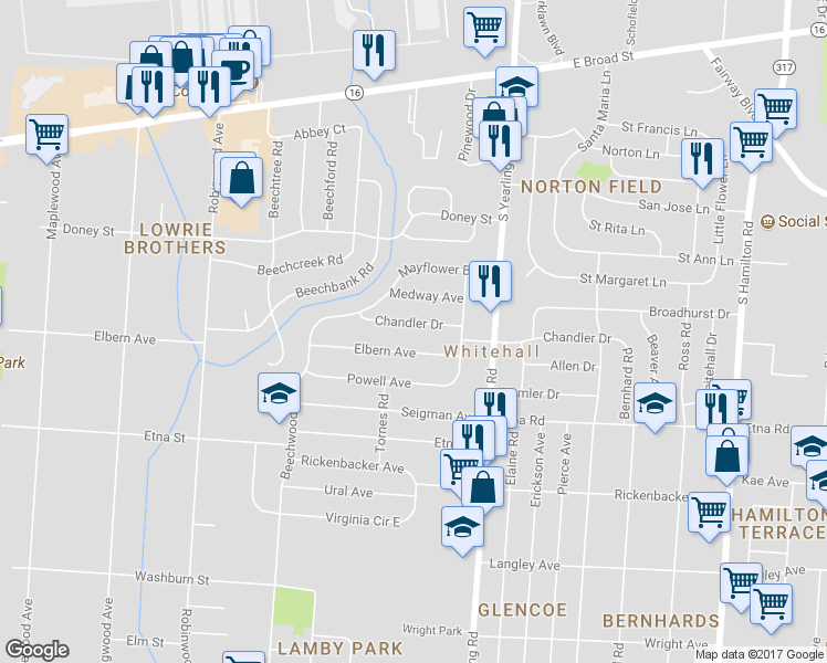 map of restaurants, bars, coffee shops, grocery stores, and more near 4173 Chandler Drive in Columbus