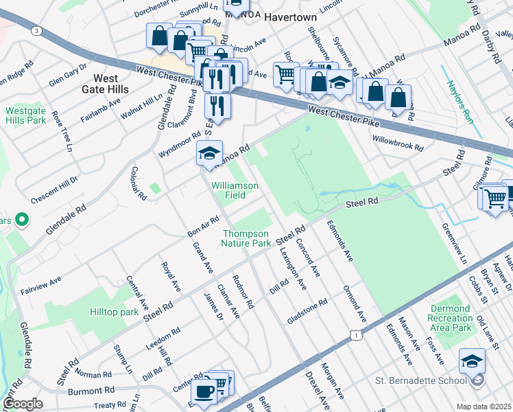 map of restaurants, bars, coffee shops, grocery stores, and more near 1013 Bon Air Road in Havertown