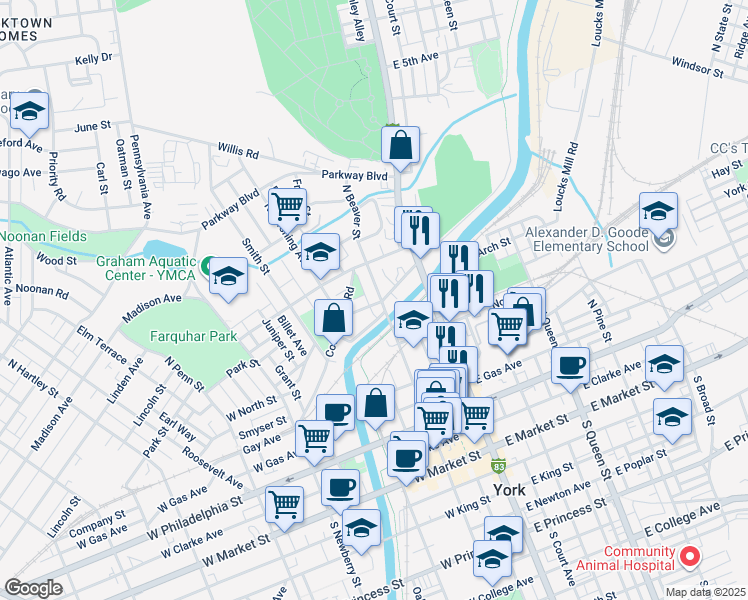map of restaurants, bars, coffee shops, grocery stores, and more near 400 North Beaver Street in York