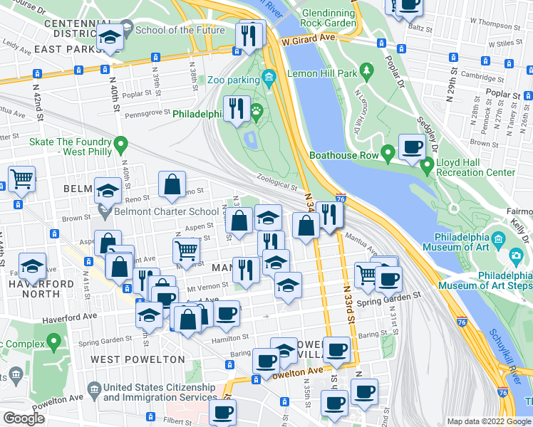 map of restaurants, bars, coffee shops, grocery stores, and more near 3535 Aspen Street in Philadelphia