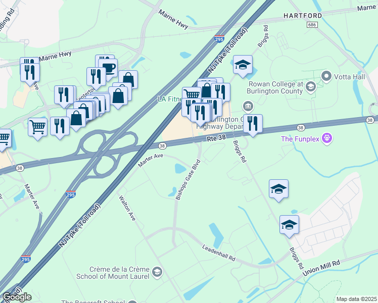 map of restaurants, bars, coffee shops, grocery stores, and more near 1000 Bishops Gate Boulevard in Mount Laurel