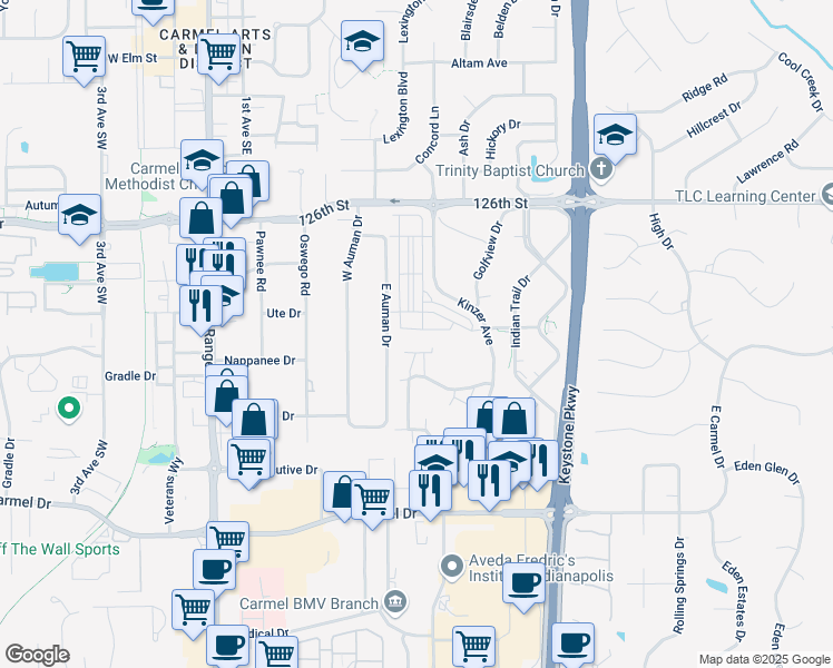 map of restaurants, bars, coffee shops, grocery stores, and more near 545 Steinbeck Place in Carmel