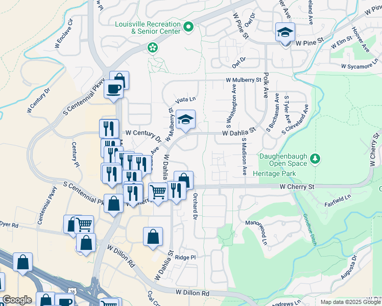 map of restaurants, bars, coffee shops, grocery stores, and more near 828 West Mahogany Circle in Louisville