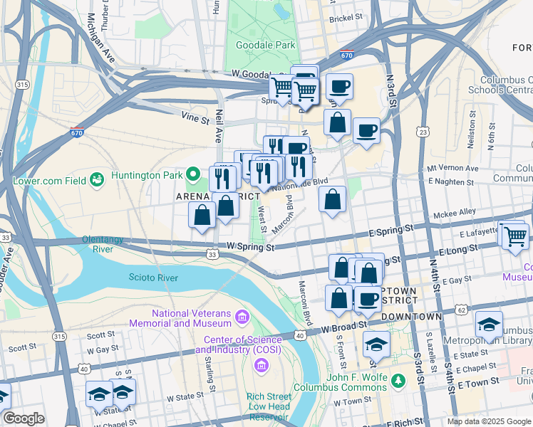 map of restaurants, bars, coffee shops, grocery stores, and more near 250 West Street in Columbus