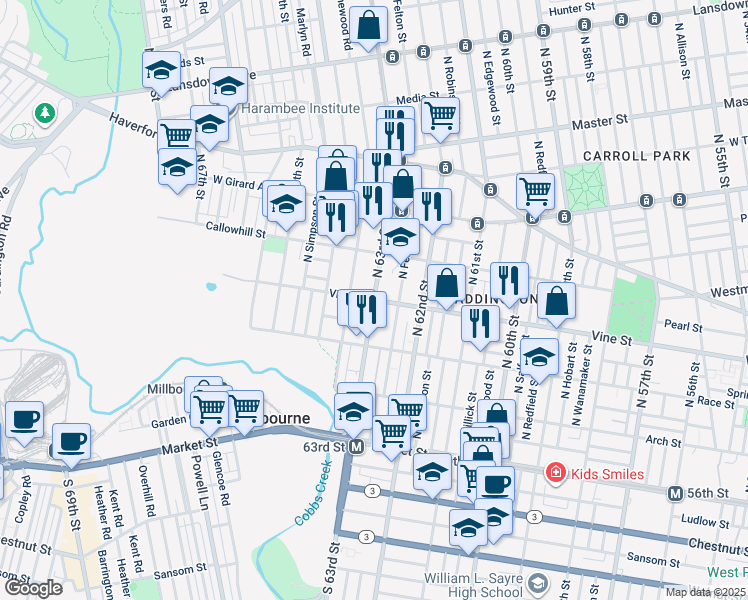 map of restaurants, bars, coffee shops, grocery stores, and more near N 63rd St & Vine St in Philadelphia