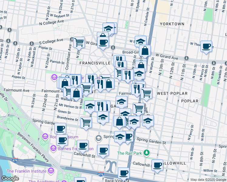 map of restaurants, bars, coffee shops, grocery stores, and more near 1613 Fairmount Avenue in Philadelphia