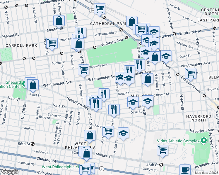 map of restaurants, bars, coffee shops, grocery stores, and more near 5055 Ogden Street in Philadelphia